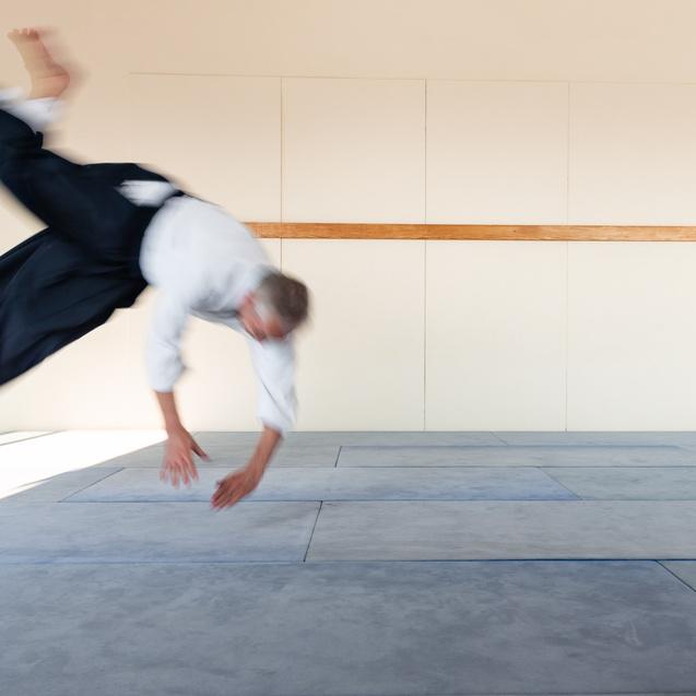 Ein Aikidoka führt einen Sprung auf einer Matte in einem Trainingsraum aus. Die Bewegung ist dynamisch und unscharf.