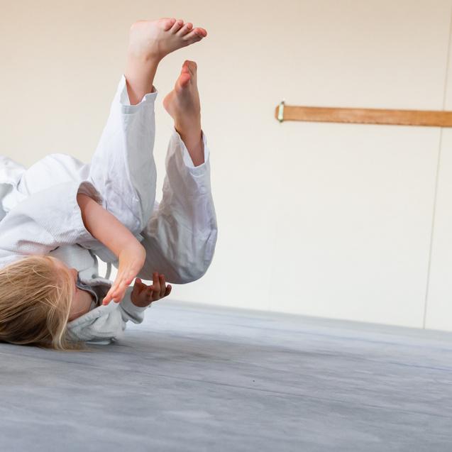 Ein Kind in weißem Judogi rollt auf einer Matte während des Trainings, im Hintergrund weitere Kinder.