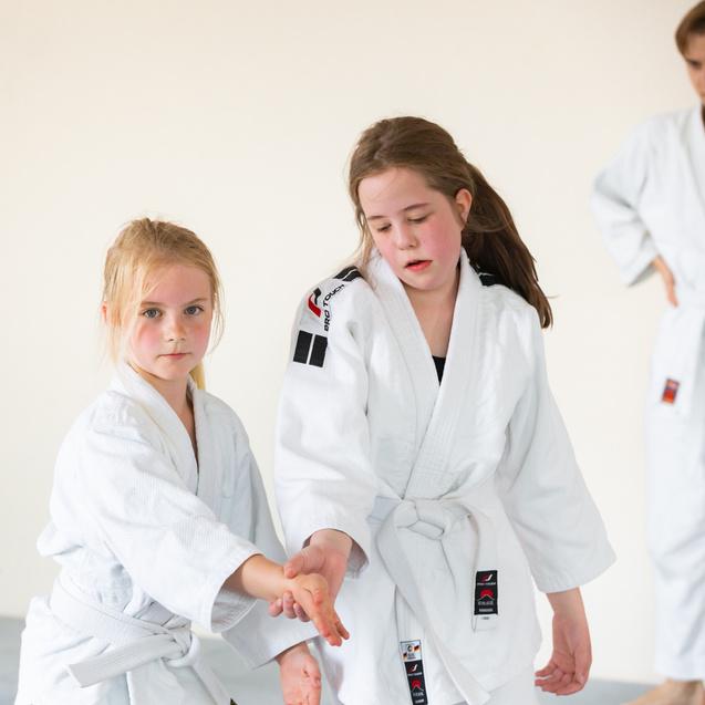 Zwei Kinder in weißen Judokimonos üben eine Technik, während eine dritte Person im Hintergrund zuschaut.