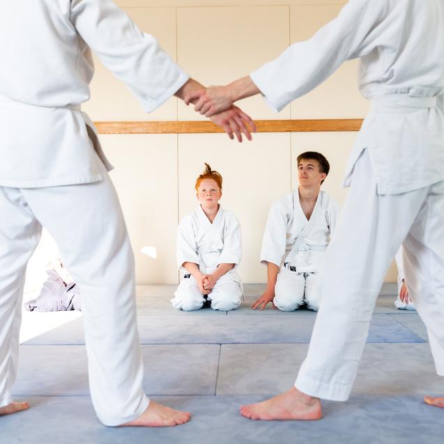 Zwei Personen in weißen Judo-Anzügen stehen sich gegenüber, während vier weitere auf Matten sitzen und zuschauen.