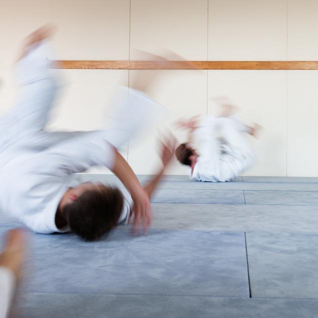 Zwei Personen in weißen Martial-Arts-Anzügen führen dynamische Bewegungen auf einer grau-blauen Matte aus.