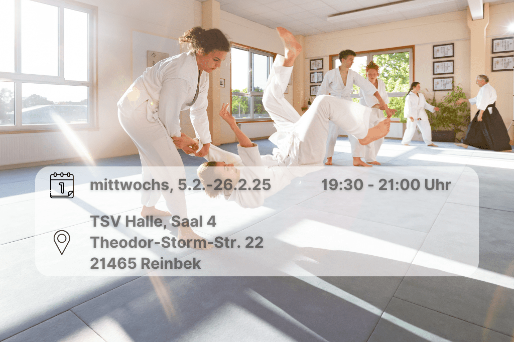 Aikido Actionbild verschiedene Aikidopaare kämpfen jeweils gegeneinander. Inklusive Orts- und Datumsangabe