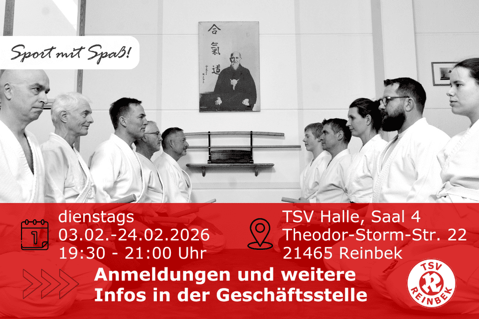 Aikido Einführungskurs Aikidokas knien sich gegenüber. Enthält Orts- und Datumsangabe