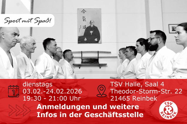 Aikidokas knien sich gegen&uuml;ber. Enth&auml;lt Orts- und Datumsangabe