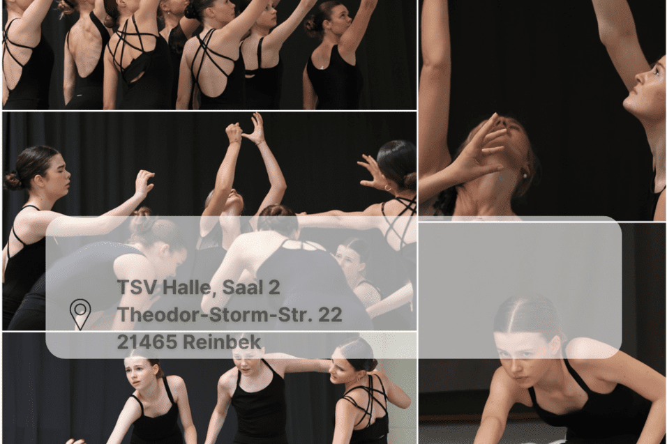 Collage verschiedener Balletttänzerinnen in schwarzen Ballettanzügen mit Ortsangabe.