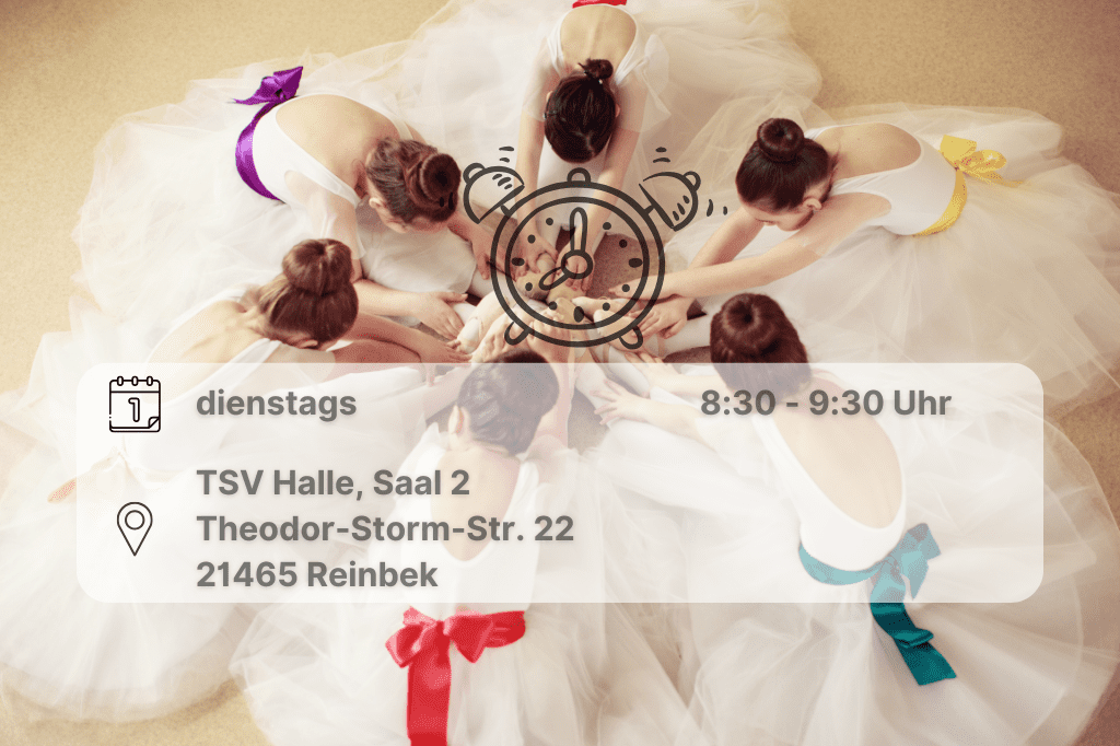 Ballett Balletttänzerinnen in weißen Tütüs hocken im Kreis mit den Händen in der Mitte, inklusive Datumsangabe.