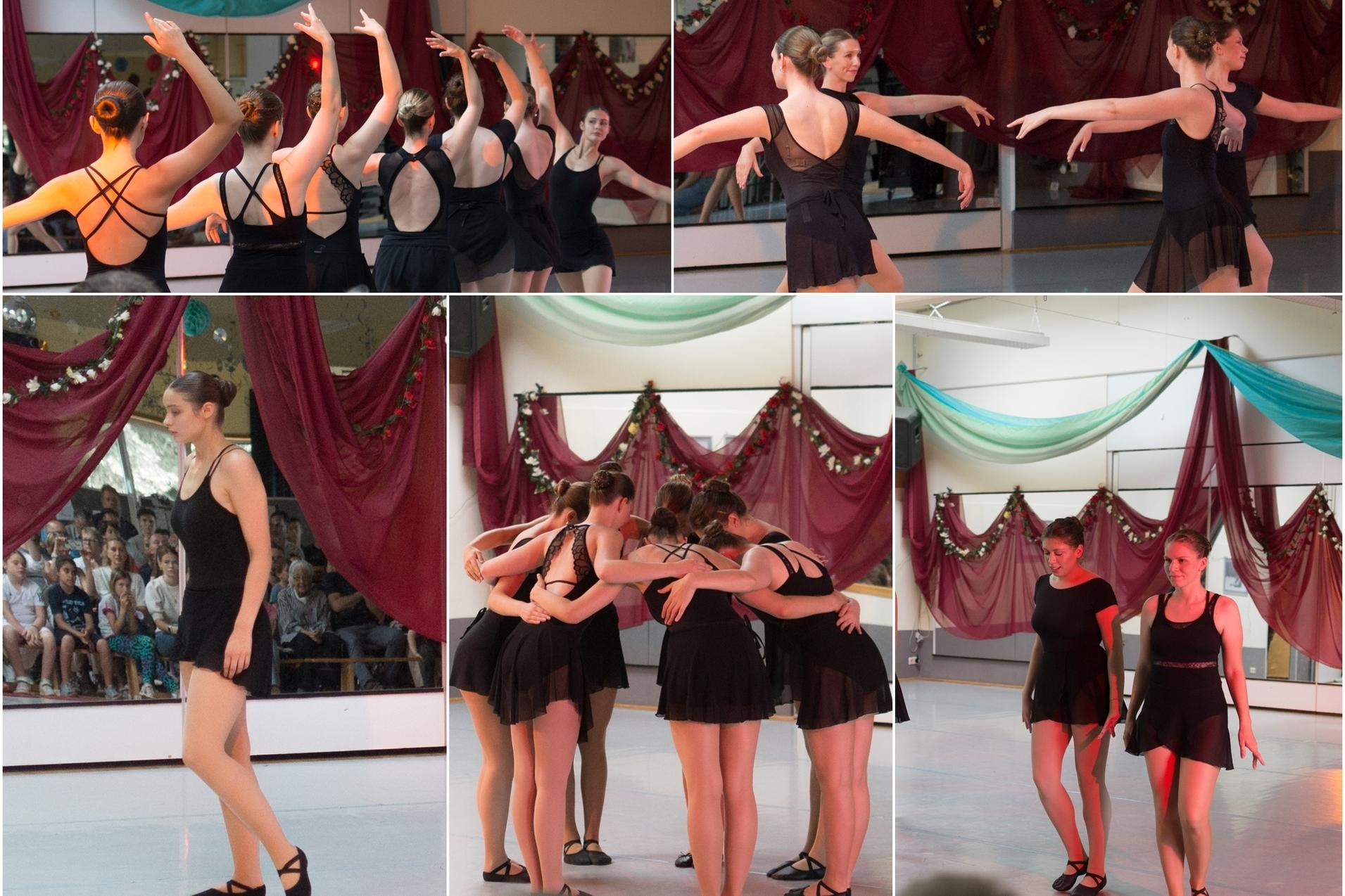 Collage aus 5 Fotos, Mehrere Mädchen und junge Frauen in Ballettpose gekleidet mit schwarzen Ballettanzügen und Röcken