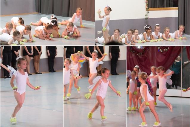 Collage aus 5 Bildern , Gruppen und Einzelfotos von kleinen Kindern mit Schmetterlingsfl&uuml;gel auf eine B&uuml;hne tanzendn