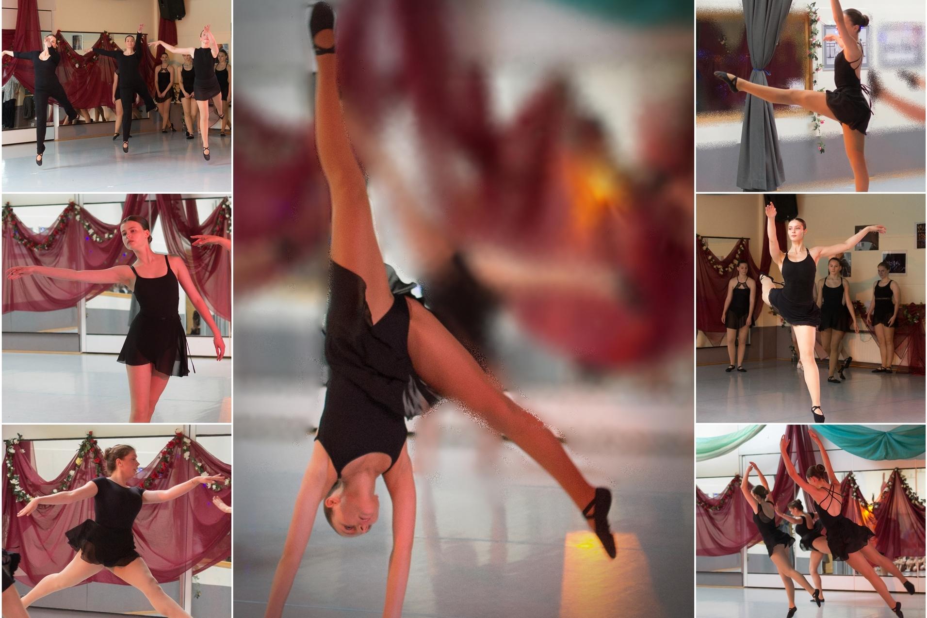 Collage aus 7 Bildern zeigt junge Frauen in schwarze Ballettanzügen beim Springen und in Ballettposen