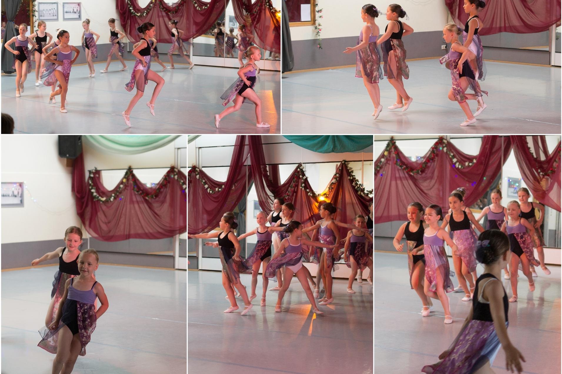 Collage aus 5 Bildern,  Mädchen in Lila/schwarzen Kleidern tanzend und springend