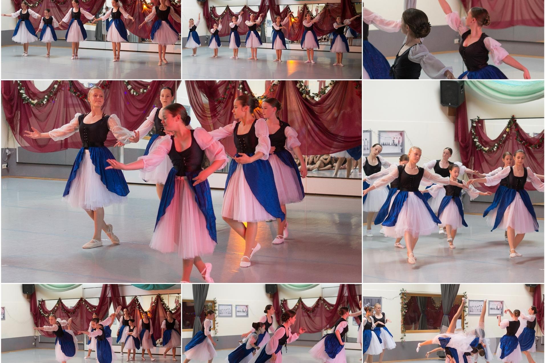 Collage 8 Bildern zeigt eine Gruppe vonm Mädchen in klassischen Tütükleider blau/weiß in verschiedenen Ballettposen