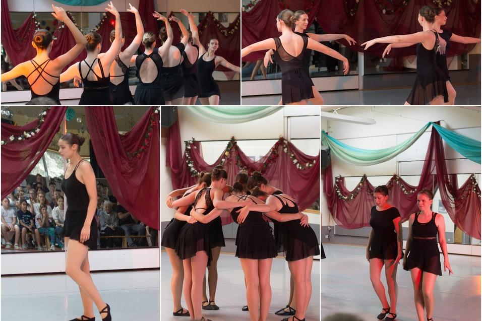 TANZtag 2025 Frieden Collage aus 5 Fotos, Mehrere Mädchen und junge Frauen in Ballettpose gekleidet mit schwarzen Ballettanzügen und Röcken