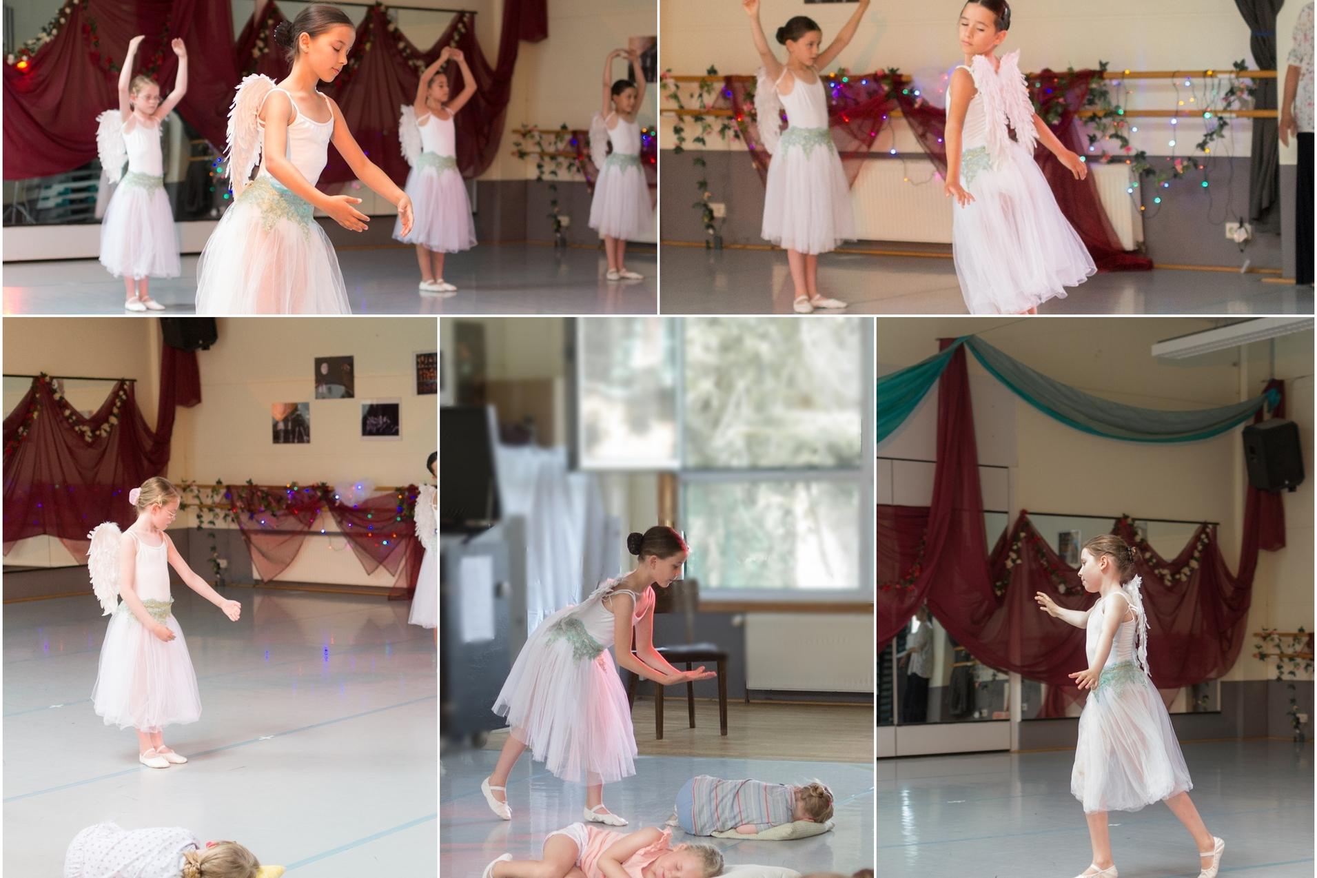 Collage aus 5 Bildern zeigen tanzenden M&auml;dchen in Engelskost&uuml;men