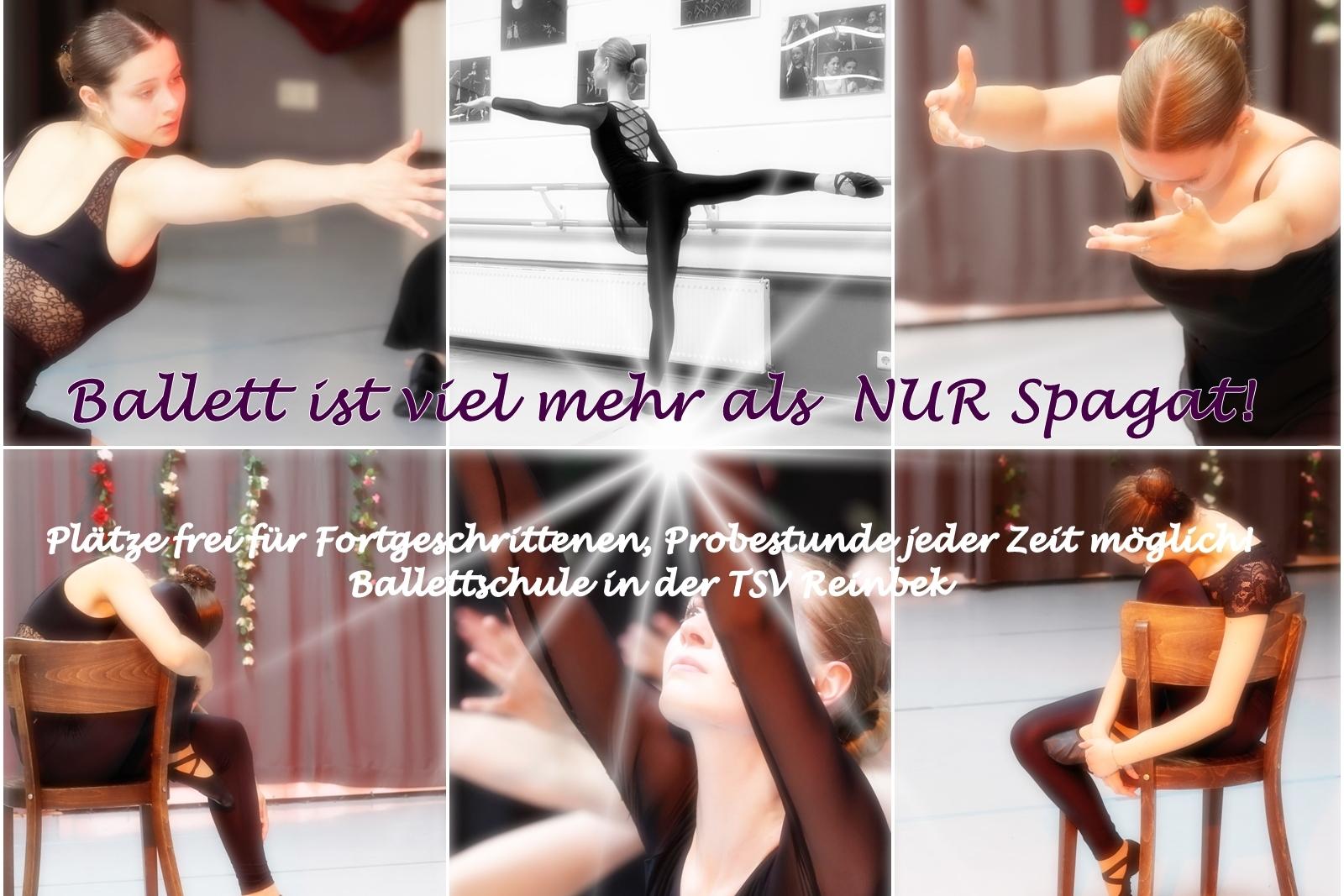 Ballett ist mehr Collage aus 6 Bildern, 2 Mädchen traurig sitzend, 3 Mädchen mit ausgestreckten Armen sehr ausdrucksstark und ein Mädchen in einer klassischen Ballettposition