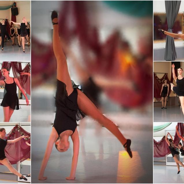 Collage aus 7 Bildern zeigt junge Frauen in schwarze Ballettanzügen beim Springen und in Ballettposen