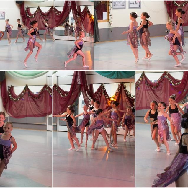 Collage aus 5 Bildern,  Mädchen in Lila/schwarzen Kleidern tanzend und springend