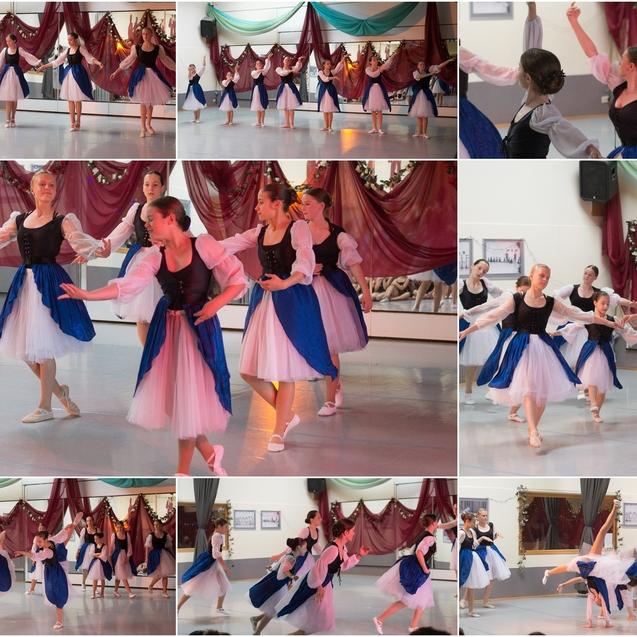 Collage 8 Bildern zeigt eine Gruppe vonm Mädchen in klassischen Tütükleider blau/weiß in verschiedenen Ballettposen