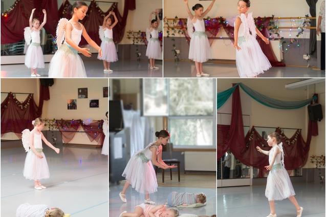 Collage aus 5 Bildern zeigen tanzenden M&auml;dchen in Engelskost&uuml;men