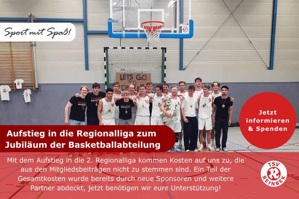 Mannschaftsfoto der 1. Herren TSV Reinbek Basketball Mannschaftsfoto der 1. Herren TSV Reinbek Basketball. Bild enthält Text über Spendenplattform