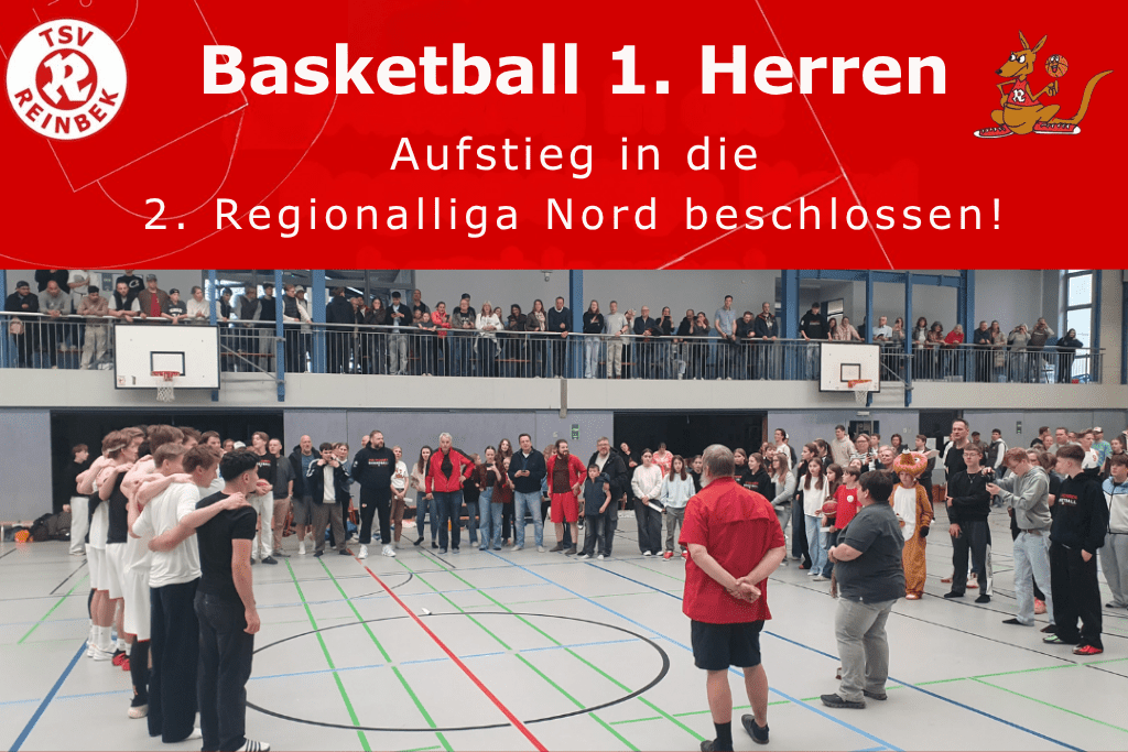 Personen bilden Kreis in der Turnhalle. Auf der Trib&uuml;ne stehen circa 100 Zuschauer.. Oberer Teil vom Bild ist rot, mit wei&szlig;er Aufschrift "Aufstieg in die 2. Regionalliga Nord beschlossen"