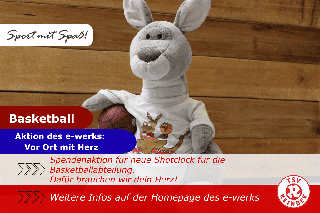 Das Maskottchen der Basketballabteilung, K&auml;nguru Jumper, sitzt mit einem Basketball unter dem Arm geklemmt in der Turnhalle. Bild enth&auml;lt weitere Information zur Spendenaktion