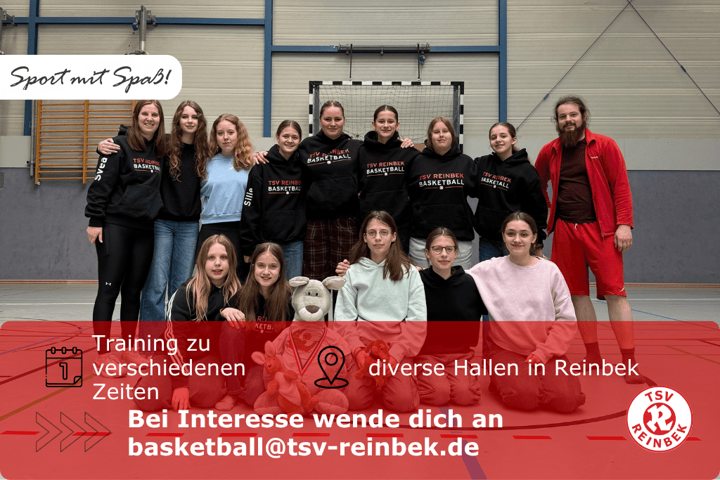 Mannschaftsfoto der TSV Reinbek M&auml;dchenmannschaft in einer Turnhalle