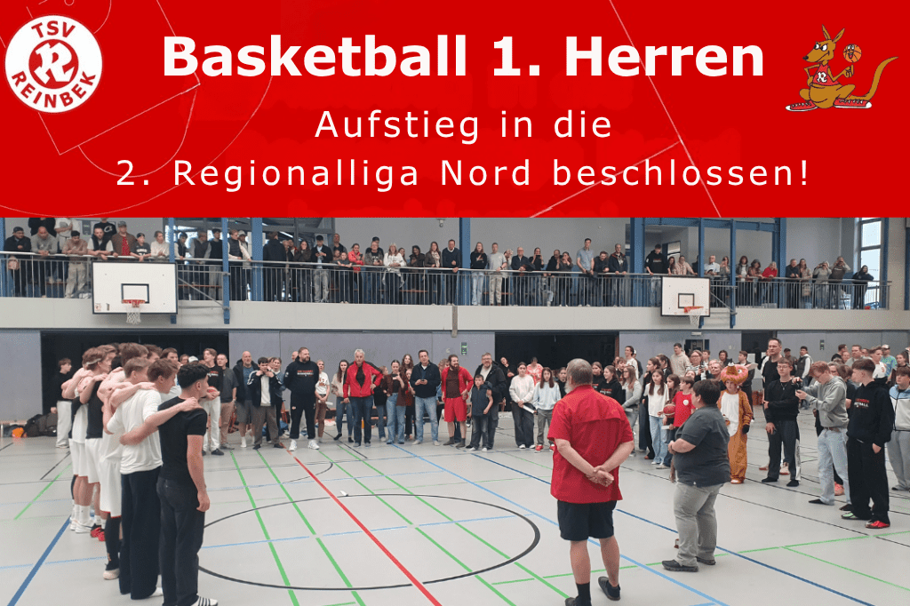 Personen bilden Kreis in der Turnhalle. Auf der Trib&uuml;ne stehen circa 100 Zuschauer.. Oberer Teil vom Bild ist rot, mit wei&szlig;er Aufschrift "Aufstieg in die 2. Regionalliga Nord beschlossen"