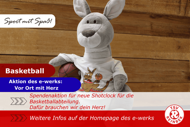 Das Maskottchen der Basketballabteilung, K&auml;nguru Jumper, sitzt mit einem Basketball unter dem Arm geklemmt in der Turnhalle. Bild enth&auml;lt weitere Information zur Spendenaktion