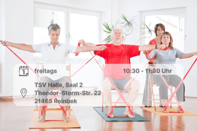 Personen sitzen auf einem Stuhl. Unter ihren F&uuml;&szlig;en sind Widerstandsb&auml;nder, die sie bis oben mit ausgestreckten Armen bis auf Schulterh&ouml;he hochziehen. Inklusive Orts- und Datumsangabe