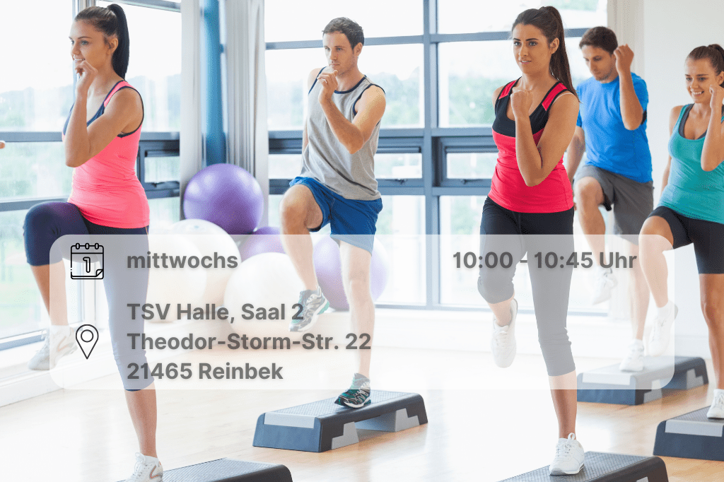Step Coreo Sporttreibende auf einem Stepper. Rechtes Knie ziehen sie hoch. Den linken Ellenbogen führen si zum linken Knie. Inklusive Orts- und Datumsangabe