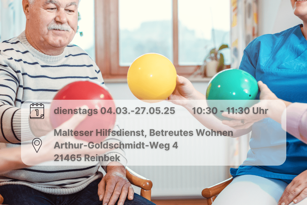 Aktiv Fit ältere Personen sitzen auf dem Stuhl und halten Bälle in der Hand. Inklusive Orts- und Datumsangabe