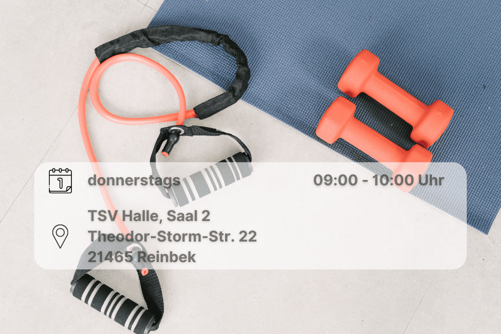 Power-Workout sportliche Kleingeräte liegen auf einer Fitnessmatte. Inklusive Orts- und Zeitangabe