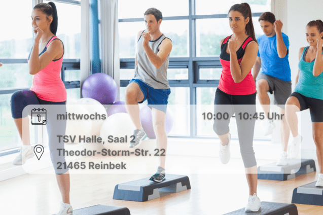 Sporttreibende auf einem Stepper. Rechtes Knie ziehen sie hoch. Den linken Ellenbogen f&uuml;hren si zum linken Knie. Inklusive Orts- und Datumsangabe