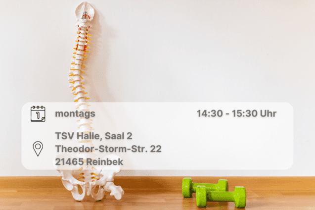 Skelett einer Wirbels&auml;ule und kleine Hanteln. Inklusive Orts- und Datumsangabe