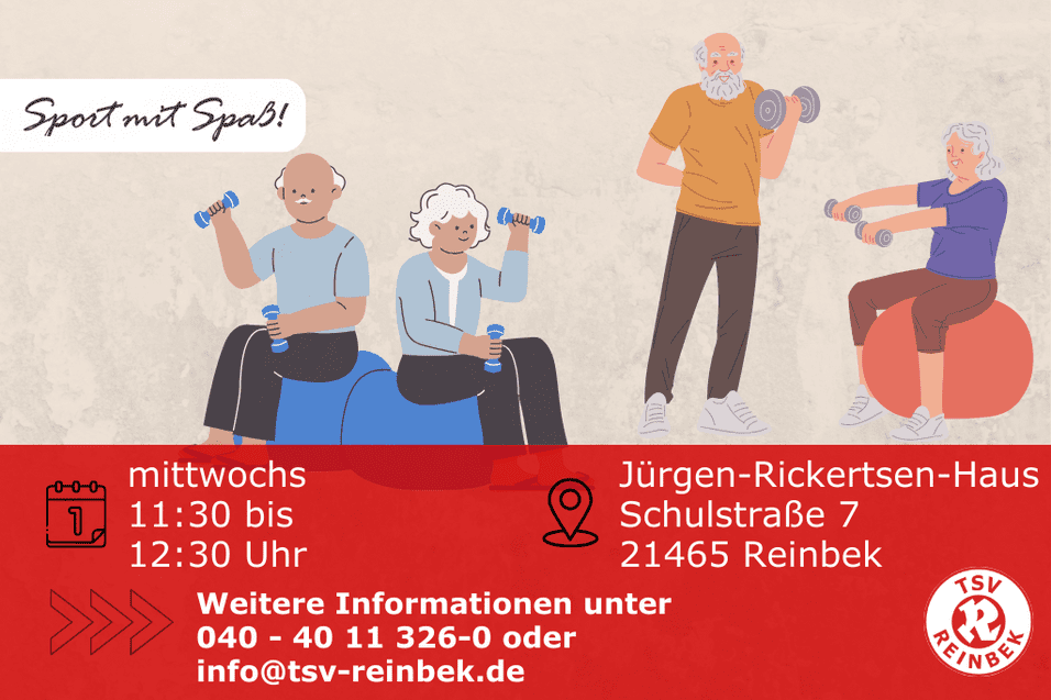 Senioren trainieren mit einer Hantel und sitzen auf einem Gymnastikball. Bild enth&auml;lt Orts- und Datumsangabe