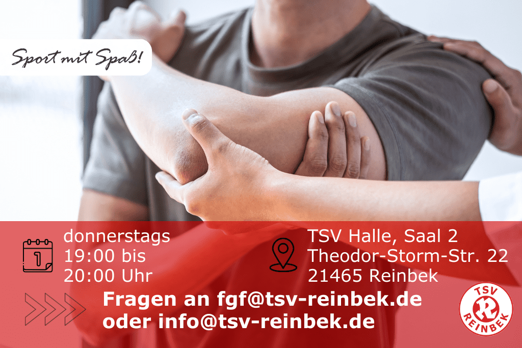 Ausschnitt des Schulterbereichs einer Person, die seine Schulter dehnt. Bild enth&auml;lt Orts- und Datumsangabe