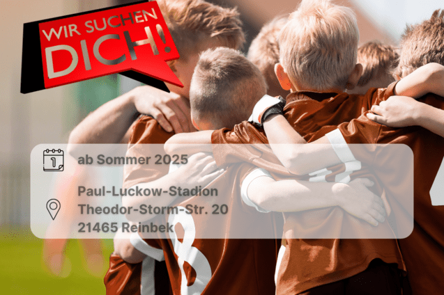 Mannschatfskreis junger Fu&szlig;baller mit der Sprechblase "Wir suchen Dich!" inklusive Orts und Datumsangaben f&uuml;r interessierte TrainerInnen