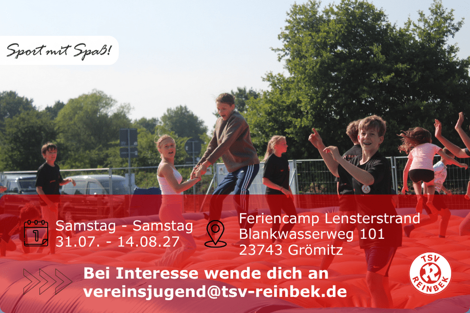 Zeltlager 2027 Kinder springen auf einer Hüpfburg. Bild enthält Orts- und Datumsangabe