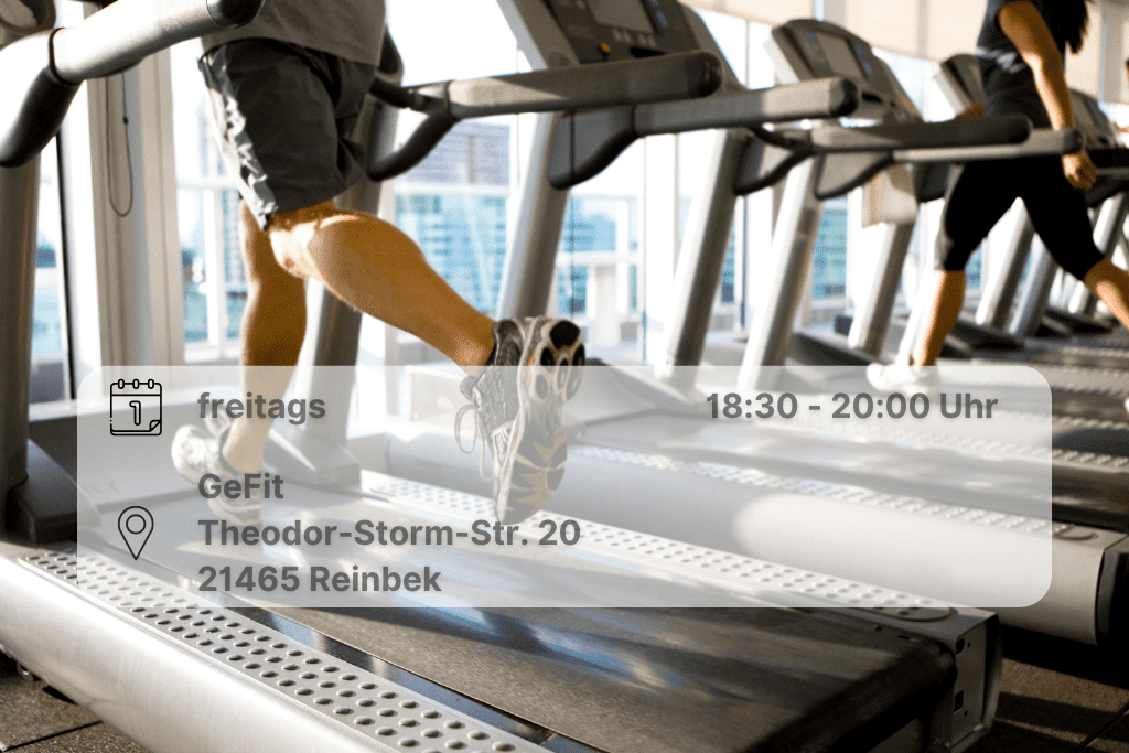 GeFit für Geflüchtete Zwei Personen laufen auf Laufbändern inklusive Datumsangabe.