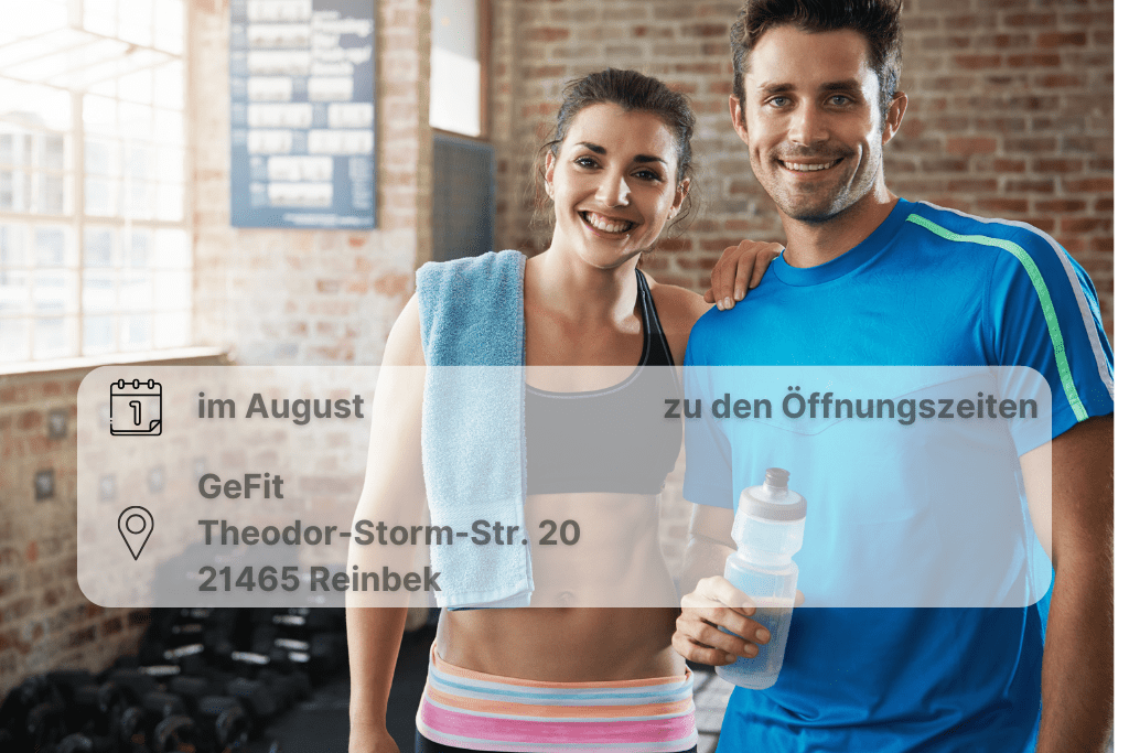 GeFit Bring a Friend Zwei erwachsene Personen in Sportkleidung lächeln in die Kamera. Inklusive Orts- und Datumsangabe