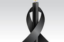 Nachruf, Schwarze brennende Kerze umschlungen von schwarzem Schleifenband