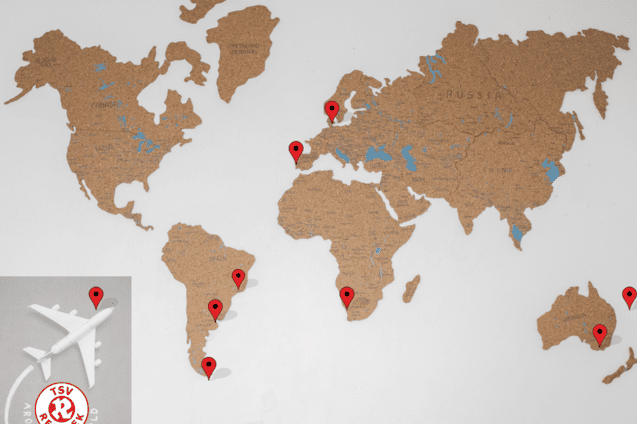 Beitragsbild mit Ortsmarkierungen auf der Weltkarte zur Rubrik TSV Around the world