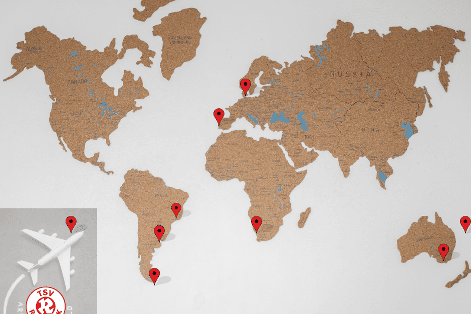TSV Around the world Beitragsbild mit Ortsmarkierungen auf der Weltkarte zur Rubrik TSV Around the world