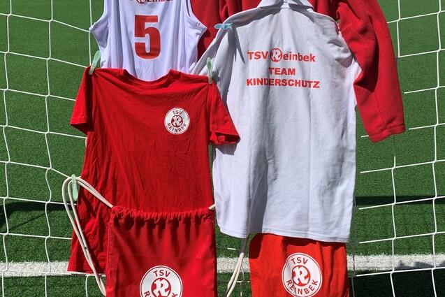 TSV Trikots, Pullover, T-Shirts und Turnbeutel vertikal am Tornetz befestigt.