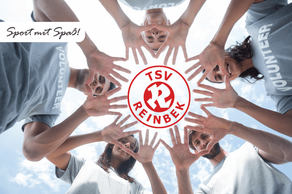 Tag des Ehrenamtes Personen zeigen edie Hände in die Mitte, wo sich das Log der TSV Reinbek befindet. Die Kamera fotografiert von unten.