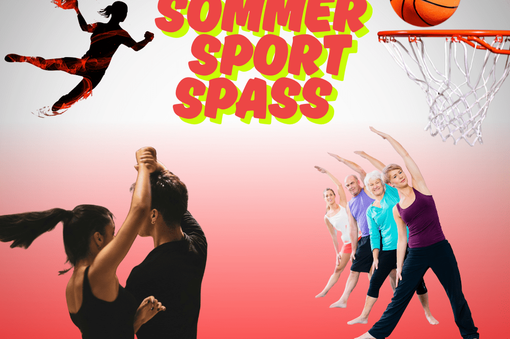 Sommerferienprogramm enthält Aufschrift "Sommer Sport Spass" Außerdem Handballer, Basketballkorb, Gymnastikgruppe und Tanzpaar