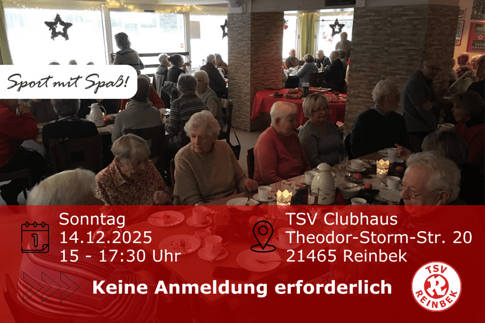 Weihnachtsfeier 50+ Personen sitzen um einen Tisch herum. Auf dem Tisch stehen Kaffee und Kuchen. Bild enthält Orts- und Datumsangabe