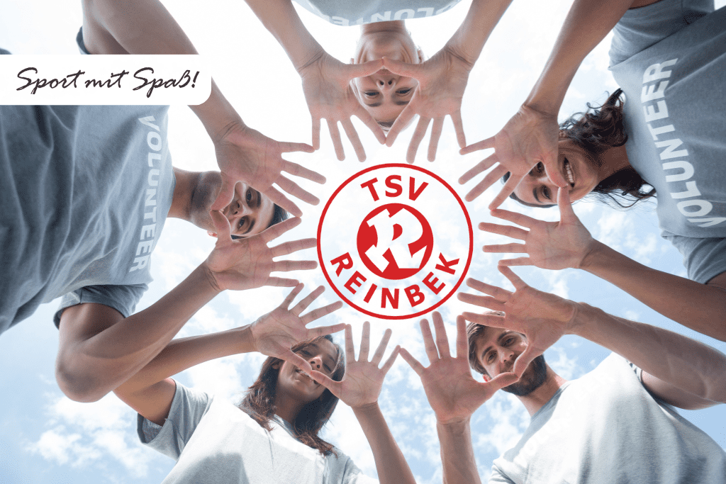 Personen zeigen edie H&auml;nde in die Mitte, wo sich das Log der TSV Reinbek befindet. Die Kamera fotografiert von unten.