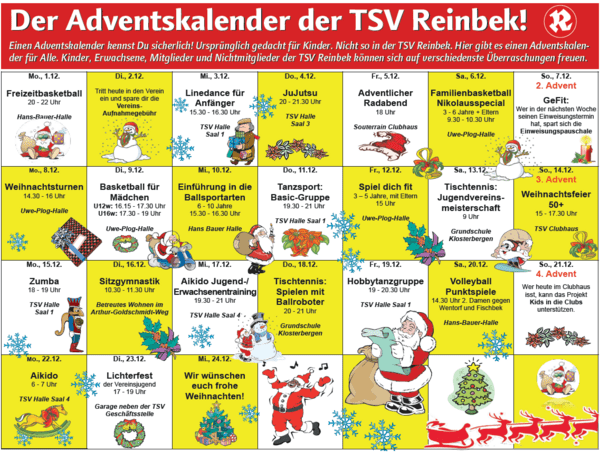 Ein Adventskalender mit 24 Türchen die zum Mitmachen in unterschiedlichen Vereinsangeboten einladen.