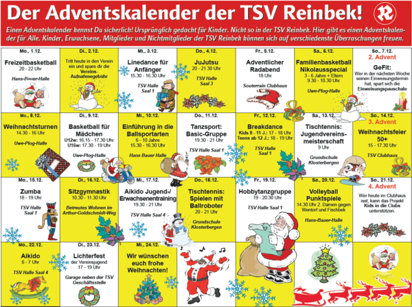 Ein Adventskalender mit 24 Türchen die zum Mitmachen in unterschiedlichen Vereinsangeboten einladen.